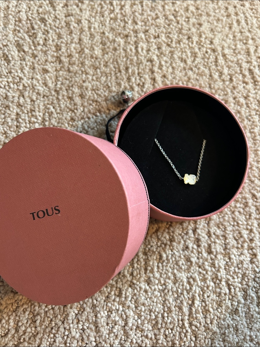 TOUS Silver Necklace with Mother-of-Pearl Bear Pendant in Pink Box